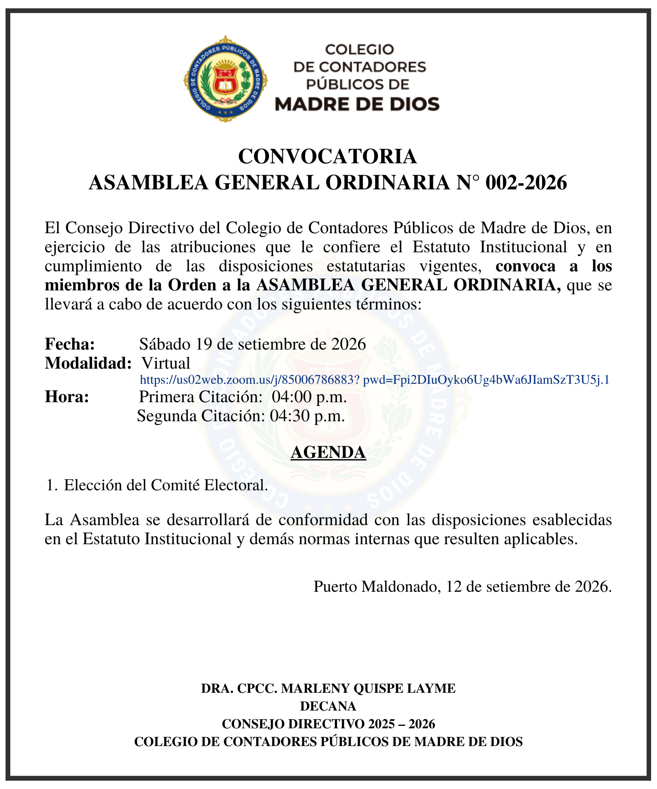 CONVOCATORIA ASAMBLEA ORDINARIA N° 002-2026