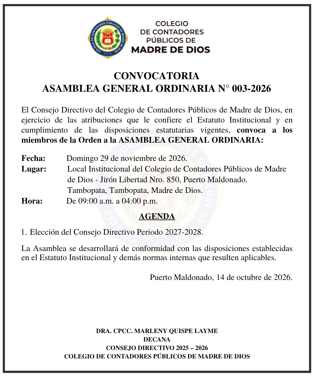 CONVOCATORIA ASAMBLEA GENERAL ORDINARIA N° 003-2026